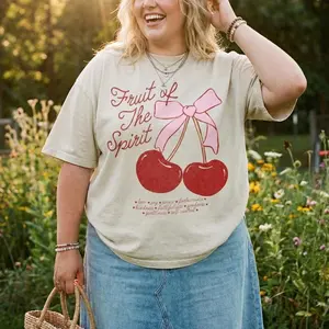 S-5XL Fruit of the Spirit Cherry Bow Print Washed Oversized T-Shirt | Coquette Christian Aesthetic Casual Tee Christian Gift