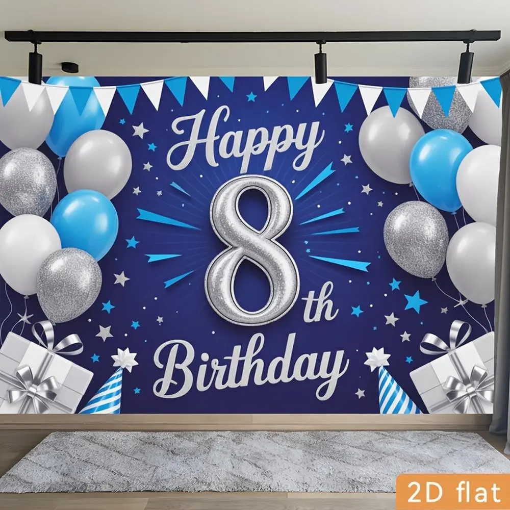 2D Flat Polyester Photography Backdrop - HD Digital Print Blue 8th Birthday Theme Decor, Foldable, Soft, Lightweight, Machine Washable, All-Season for Photo Booth, Party Use