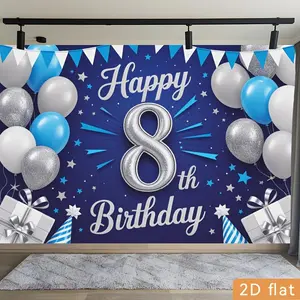 2D Flat Banner Polyester Photography Backdrop, HD Digitally Printed Blue Happy 8th Birthday Theme Background Cloth with Balloons and Stars, Soft Lightweight Foldable Machine Washable for 8th Birthday Party Decorations, Photo Booth