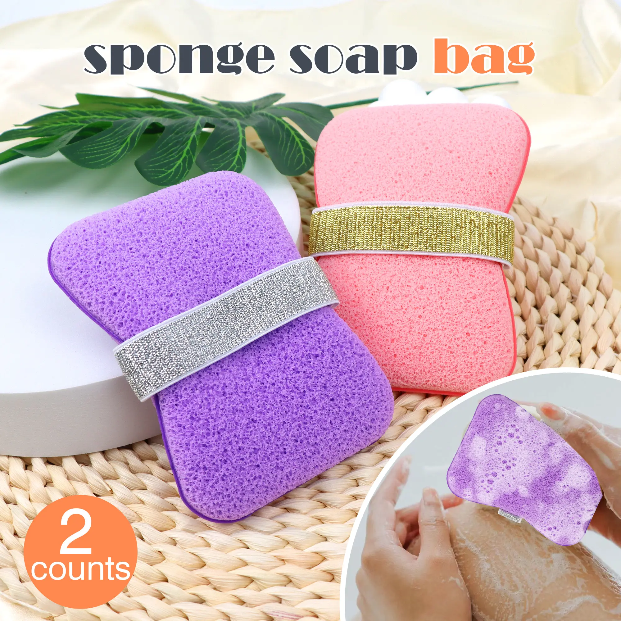 2 Counts Sponge Soap Saver Pouch, Easy Drying Structure, Durable Bath Scrubber for Everyday Use