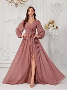 Women's V-Neck Lantern Sleeve Maxi Dress with Handmade Flower Decoration, High Slit Formal Evening Gown, Elegant Party Dress, Formal Wear