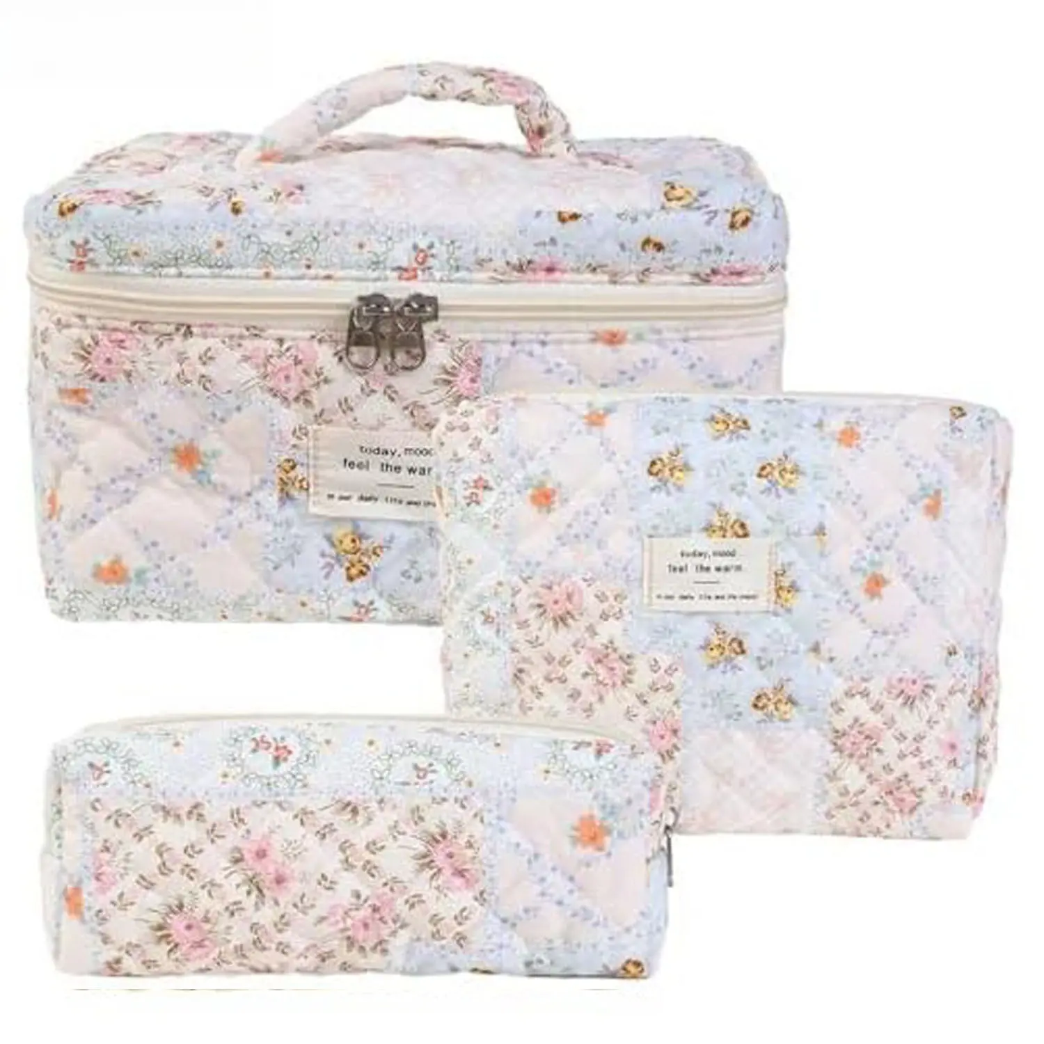 Floral Pattern Quilted Makeup Bag Set 3 Counts Travel Cosmetic Bags Cutest Makeup Bag Padded Cotton Storage for Organized Tabletop multifunctional organizer
