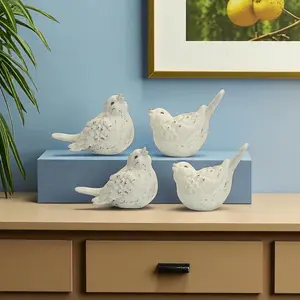 360 stand Ivory Ceramic Bird Figurines - Set of 4, Rustic Nature-Inspired Home Decor Ceramics Sculptures, Room Accent Gift for Home Supplies, Decorative