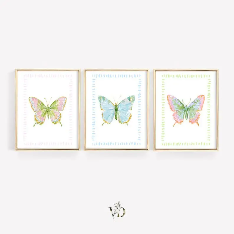 Preppy Colorful Butterfly Print Set of 3 - Whimsical Pastel Dorm Art, Girls Bedroom Butterflies