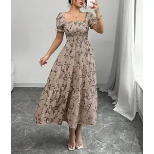Women's Square Collar Ruched Short Sleeve Ruffled Hem Maxi Dress with Small Ditsy Floral Print, Suitable for Casual Everyday Work Beach Vacation, Boho Western Country Style Fabric Polyester Women's Wear Brown Fit Soft Womenswear Bohemian Shortsleeve