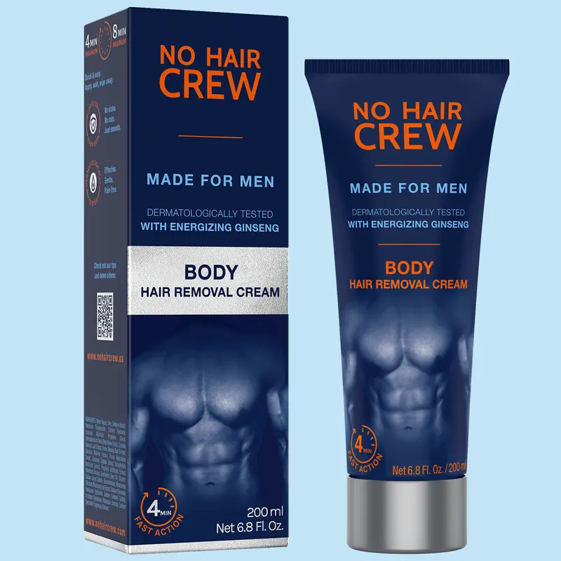 NO HAIR CREW Body Hair Removal Cream - 200ml, Dermatologically Tested with Energizing Ginseng, Fast Acting, Moisturizing Formula for Men