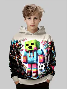 Boys' 3D Print Long Sleeve Graphic Hoodie, Casual Fitted Pullover for Spring & Fall, Outdoor Hooded Sweatshirt, Moderate Fabric Thickness