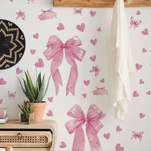 Bow Wall Sticker, Heart and Cherry Decor, Girl's Bedroom Wallpaper, PVC Self-Adhesive Removable, Cute Room Decoration