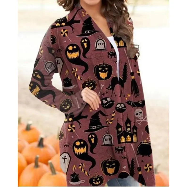 Women's Halloween Print Cardigan - Long Sleeve Stretchy Polyester-Spandex Blend with Pumpkin Skull Bat Witch Hat Print, Machine Washable Winter Casual Fall Sweater for Halloween Party Outfit Women's Halloween Print Cardigan - Long Sleeve Stretchy Polyester-Spandex Blend with Pumpkin Skull Bat Witch Hat Print, Machine Washable Winter Casual Fall Sweater for Halloween Party Outfit