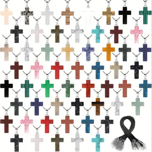 50Pcs/Pack Natural Stone Cross Crystal Pendant Black Wax Thread Necklace Jewelry Making Set, Enchanting Colored Stones, Suitable for DIY Handmade Necklaces, Earrings, Bracelets, Handmade Jewelry Gifts for Friends At Christmas Parties