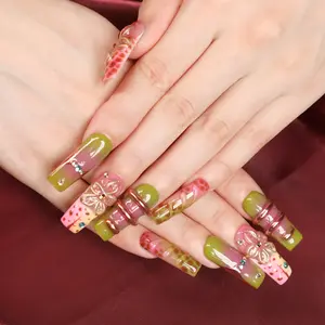 MuseMoodNails PG19 Rainforest Glow Handmade Press-On Nails, 10 PCS Medium Square 3D Gel, Reusable Long-Lasting Salon-Ready Vegan-Safe Finish with Gel Nail Glue