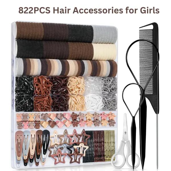 822PCS Girls Hair Accessories Set, Elastic Hair Ties, Snap Hair Clips, Hair Bands & Styling Tools for Toddlers, Kids & Teens