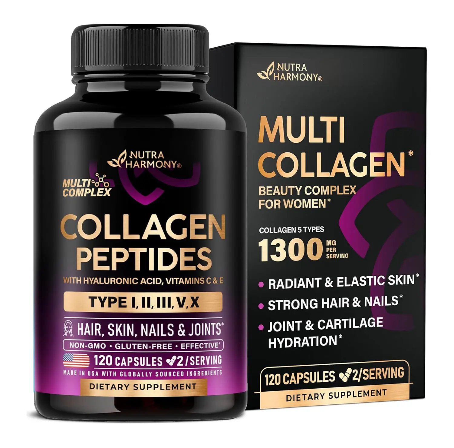 Multi Collagen Peptides - Hydrolyzed Types I, II, III, V & X - Collagen Supplement for Women 1300mg - w/ Hyaluronic Acid, Vitamins C & E - Skin, Hair, Nails & Joint Support - Lab Tested - 120 Capsules