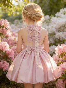 Girl's backless halter neck bow puffy violin birthday party piano catwalk stage performance party dress