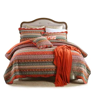 Bohemian American Patchwork Quilted Bedspread Washed Cotton Double Sided Reversible Coverlet Set