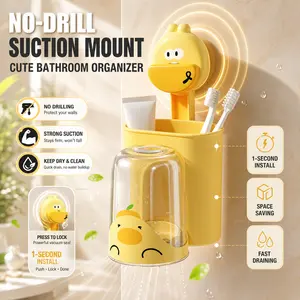 Cute Cartoon Little Yellow Duck ABS Plastic Suction Cup Toothbrush Holder - No-Drilling Wall-Mount Bathroom Organizer with Toothpaste Cup, Portable Toothbrush Protector for Kids' Home Storage (235g), Suction Cup Toothbrush Holder Little Yellow Duck,summer