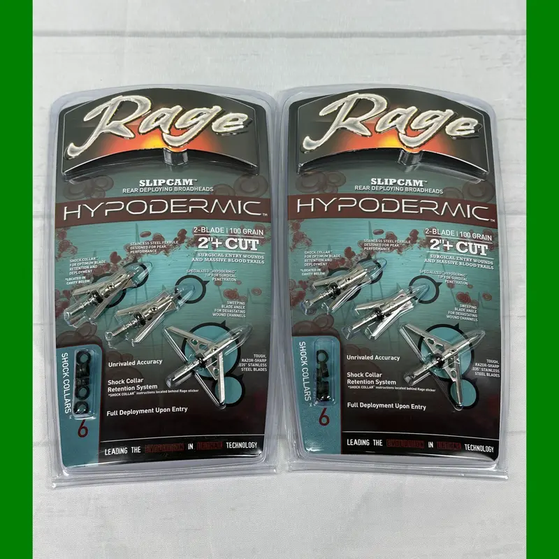2 Pack Rage Hypodermic Slipcam 100 Grain Hunting Broadheads R39100, 2 Steel Blade, 6 Extra Shock Collars per pack, 2"+ Entry Diameter, Aerodynamic