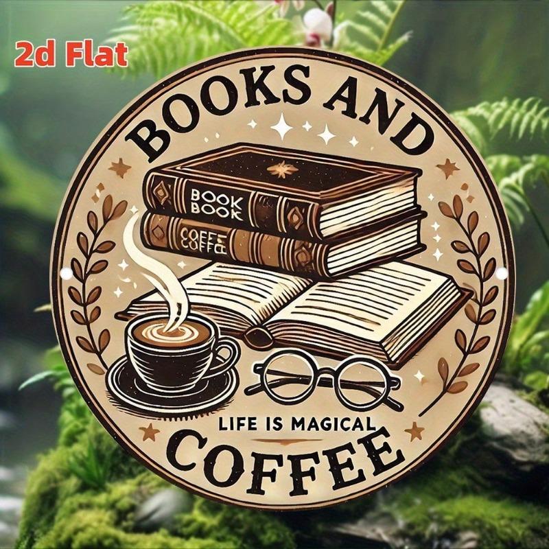 Vintage Book Coffee Life Magic Aluminum Wall Art Sign Round 7.87x7.87 Inch 2D Flat Single Piece with Pre-Drilled Holes for Home Decor
