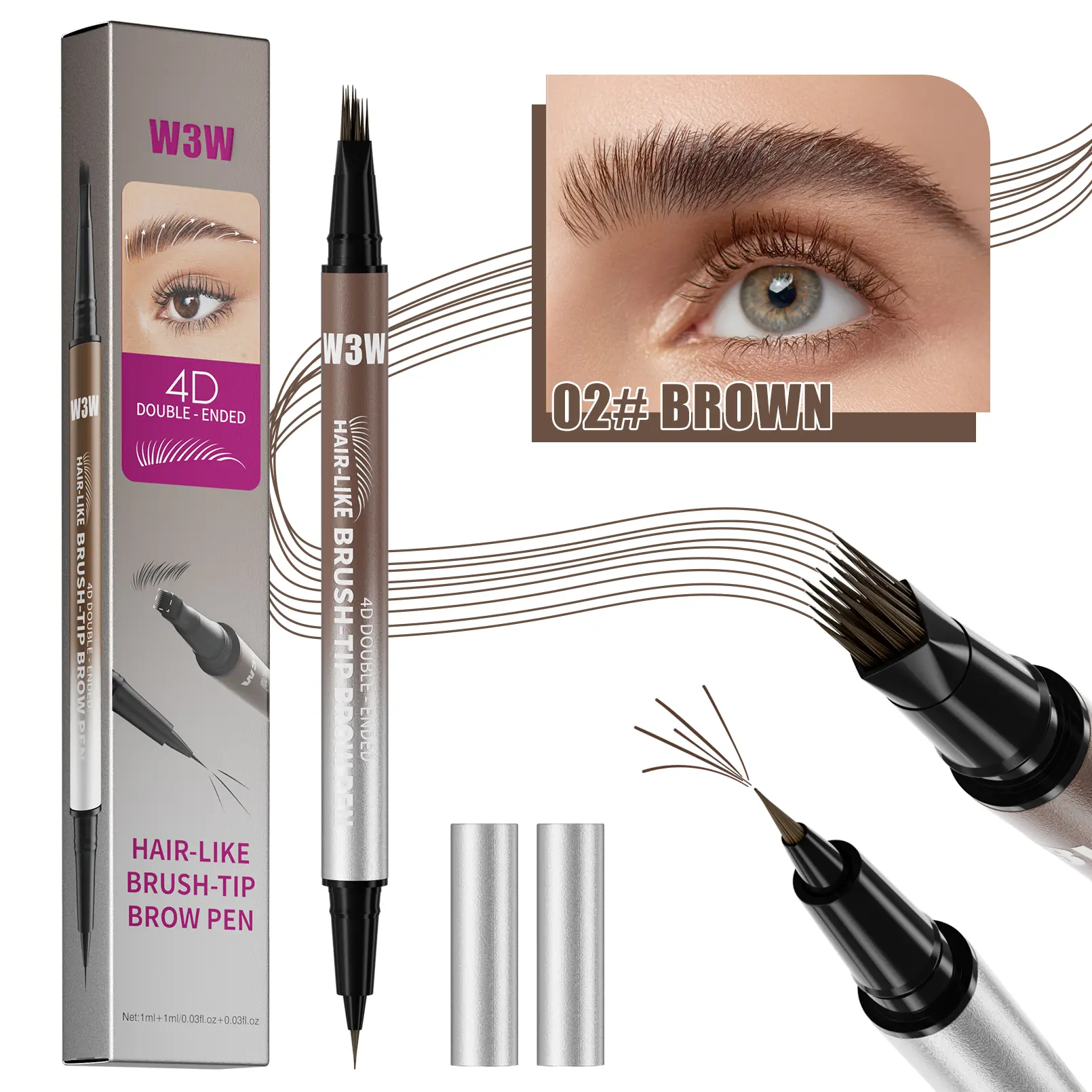 2-in-1 Dual-Ended Original 4D Brush Tip Waterproof Microblading Eyebrow Pen, Natural Hair-Like Strokes, Long-Lasting