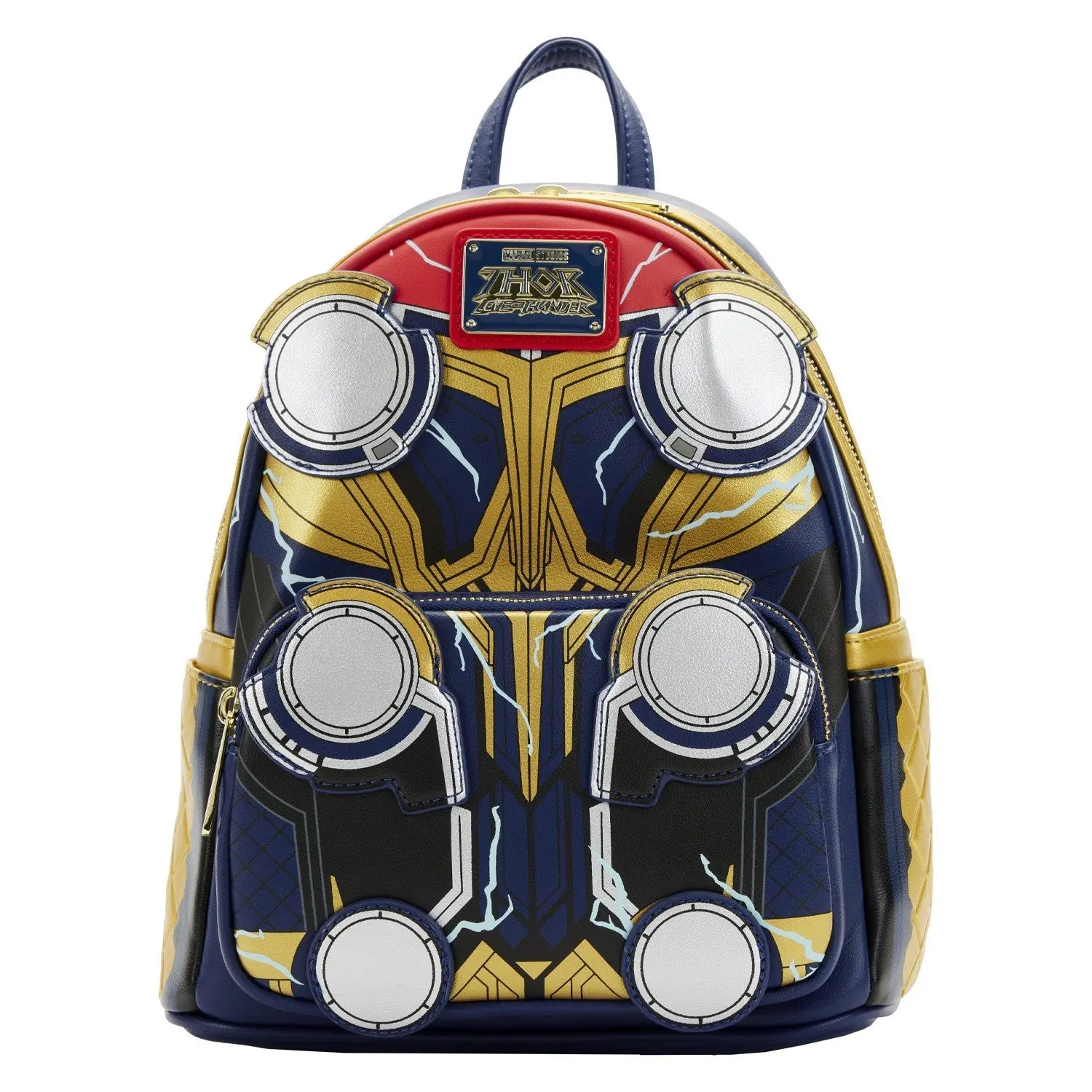 Marvel Thor Love and Thunder Unisex Cosplay Mini Backpack - Gold Foil, Metallic Printed Details, Applique Embroidery, Side Pockets, Functional Storage, Adjustable Straps, Everyday Carry Bag