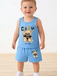 Baby Toddler Casual Playful Set (2 Pieces), Cartoon Bear Letter Print Short Sleeve T-Shirt & Elastic Waist Shorts, Slim-Fitting All Seasons