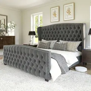 Platform Bed Frame, Velvet Upholstered Bed With Deep Button Tufted & Nailhead Trim Wingback Headboard/No Box Spring Needed/Grey
