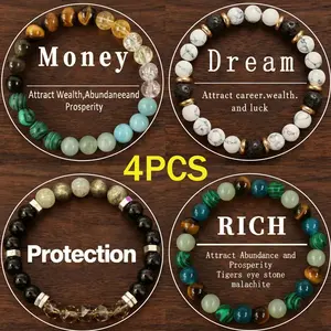 4Pcs Crystal Bracelets for Women and Men - Tiger Eye, Malachite & Citrine Beads for Wealth Attraction, Boho Spiritual Jewelry Set for Good Luck, Money, and Protection, Couple Bracelet Gifts for Her Him, Birthday Jewelry Present for Wife Mom