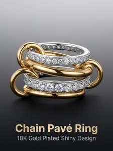 Stackable Cubic Zirconia Ring, 18k Gold Titanium Steel Thick High Gloss, Silver Color Dual Tone Jewelry for Women, Multi-Ring Mixed Metal Stack