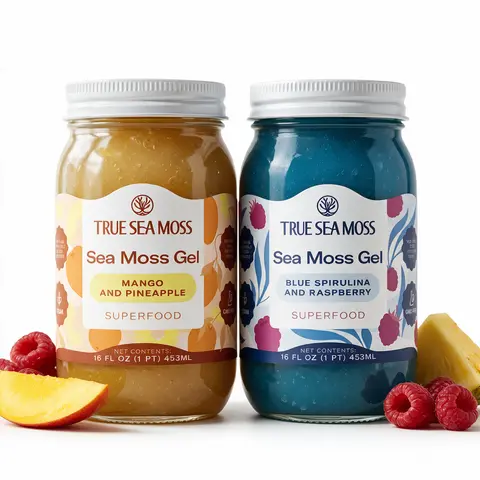 True Sea Moss Gel 2-Jar Bundle: Mango-Pineapple & Blue Spirulina-Raspberry – Rich in Essential Minerals & Vitamins – supports overall vitality