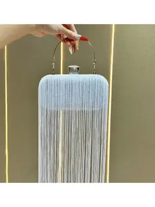 Luxury Long Fringe Evening Clutch, 2-Way Handbag with Rhinestone Clasp, Sparkling Tassel Fringe, Formal Clutch for Weddings & Parties