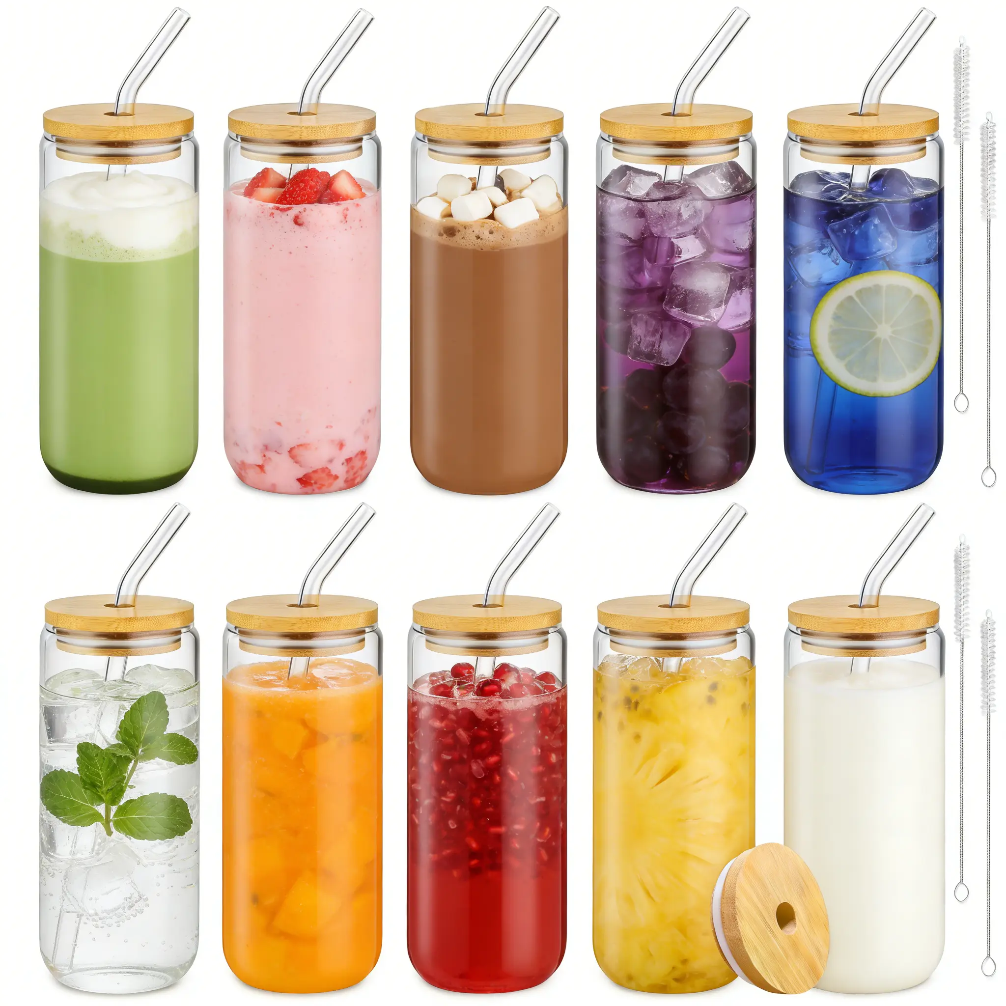 16oz Large Capacity Glass Set (8/10/12pcs) with Bamboo Lids, Natural Twist Straws, 2 Cleaning Brushes - Ideal for Coffee Bar Setup, Adding Unique Flair to Gifting