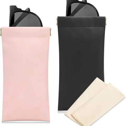 Soft Sunglass Case 2 Pack - Portable Squeeze Top Leather Eyeglass Case Pouch with Durable Design and Versatile Storage