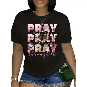 Plus Size Inspirational T-Shirt For Women - Pray Over It Print, Casual Crew Neck, Short Sleeve, Stretchy Polyester Blend, Machine Washable - Perfect For Spring/Summer/Fall, Plus Size Tshirts T-Shirt For Men And Women
