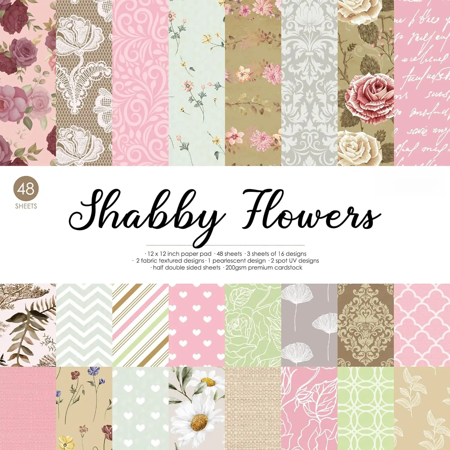 Shabby Chic Textured Scrapbooking Cardstock Set - 48 Double-Side FSC Material Sheets, 12x12 in UV-Printed Craft Paper for Card Making, Journaling (Office Stationery Supplies)