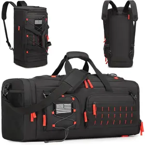 Gym Bag for Men and Women, 50L  Duffle Bag, 3-in-1 Travel  Duffel Bags with Shoe & Laptop Compartment for Overnight Weekender Gym Traveling Workout Deployment, Black+Red