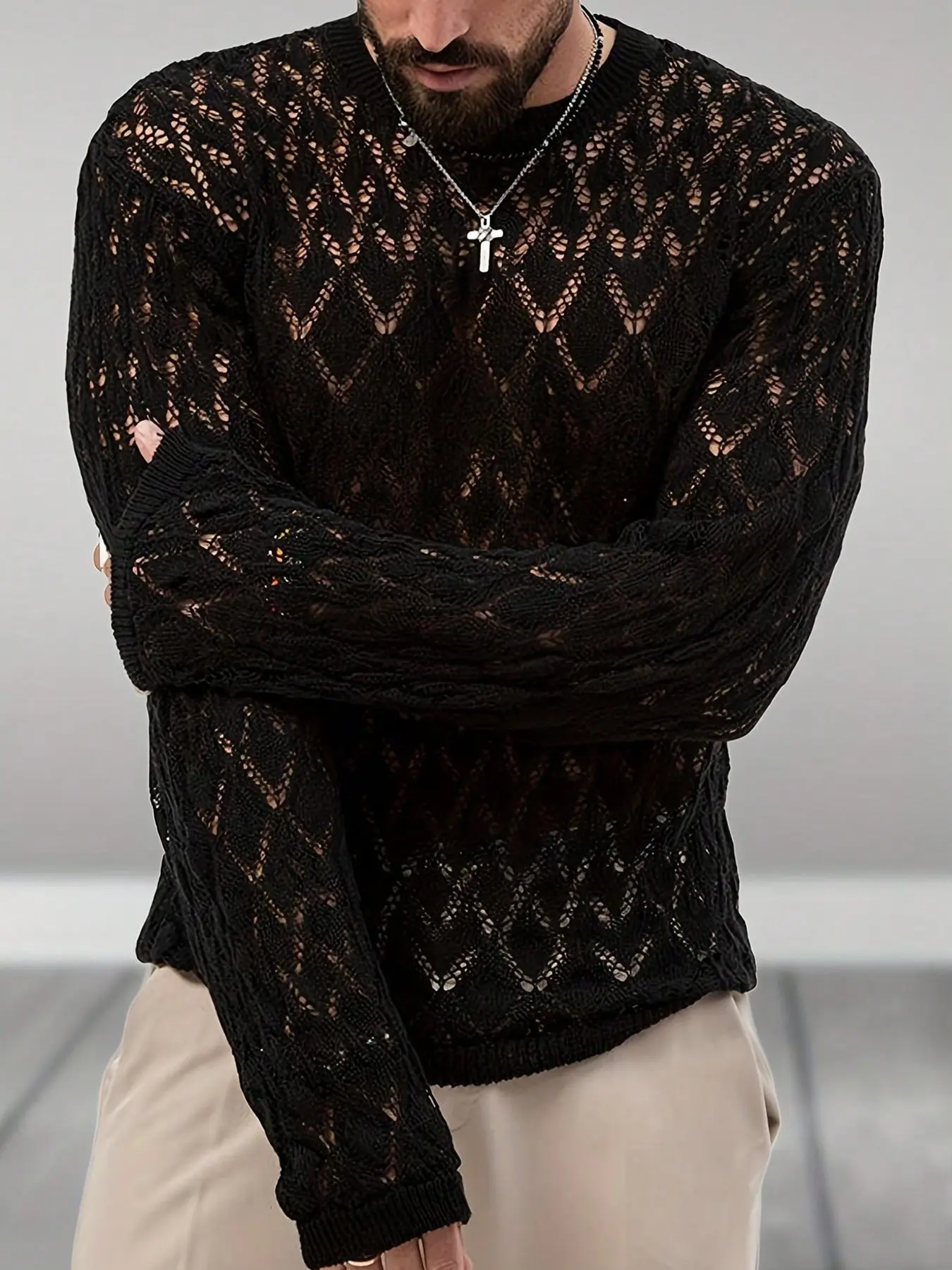 Men's Knitwear Knit Sweater, Round Neck Long Sleeve Hollow Out Design, Casual Fashion Pullover for Fall Winter, Soft Breathable Fabric