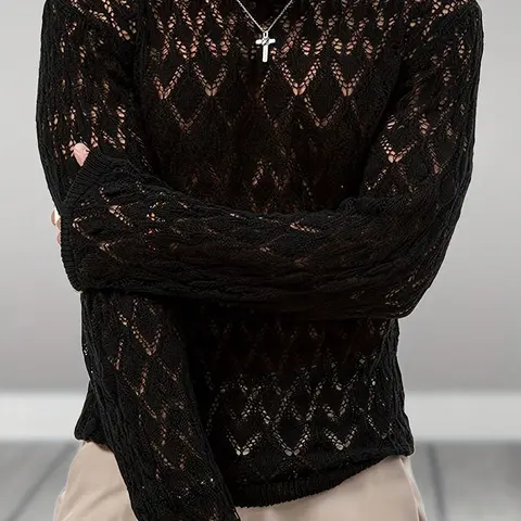 Men's Knitwear Knit Sweater, Round Neck Long Sleeve Hollow Out Design, Casual Fashion Pullover for Fall Winter, Soft Breathable Fabric