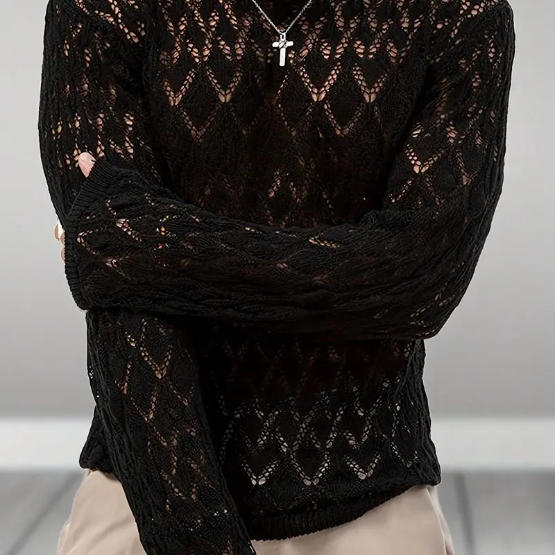Men's Knitwear Knit Sweater, Round Neck Long Sleeve Hollow Out Design, Casual Fashion Pullover for Fall Winter, Soft Breathable Fabric