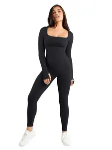Popilush Sports Seamless Square Neck Long Sleeve Jumpsuits-LIVE