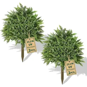 2 Pack Artificial Cedar Topiary Ball, 23.2" UV-Resistant Fake Cypress Plants with Ground Spikes, Realistic Artificial Topiary Cedar Bushes for Indoor/Front Porch &