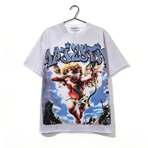 Cupid Archery Letter Diamond T-Shirt Washed Vintage Frayed Oversized Tee Baggy Cotton Streetwear Y2K Aesthetic Summer Outfit Unisex Top