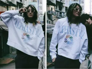 AlphaStyle 100% Cotton United Society Vintage Washed Crewneck - Premium French Terry Streetwear Sweatshirt with Signature Metal Pin & Logo Graphic, Retro Aesthetic Loose Fit