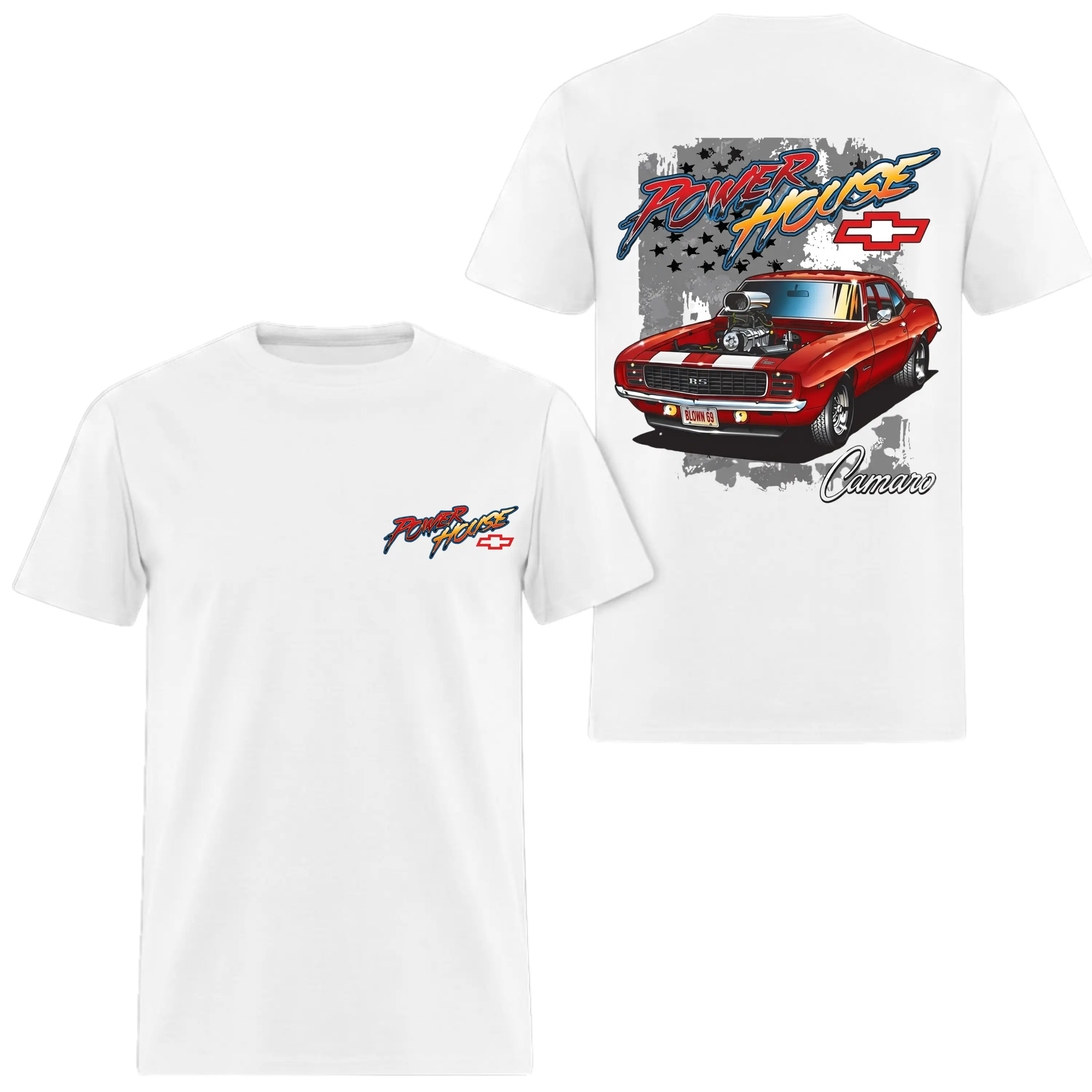Power House Blown 69 Camaro T-Shirt, 2 Sides, American Flag Muscle Car Graphic Tee