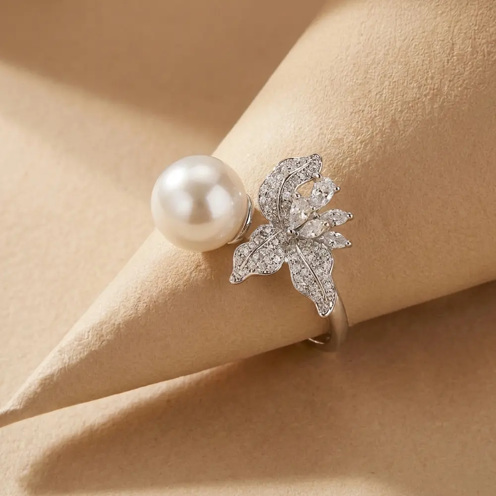 Adjustable Pearl Petal Open-Set Diamond Ring - VVS Comfort Synthetic Moissanite Couple Matching Band oval cut prong engagement wedding toe statement multi men elegant anniversary ruby cushion dark aesthetic aprilery new unisex woman beautiful lab-grown