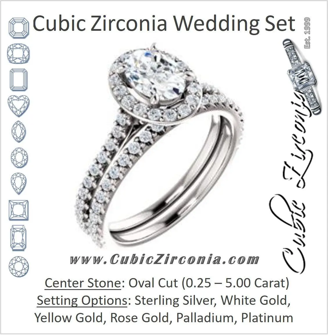 CZ Wedding Set, featuring The Bailey engagement ring (Customizable Cathedral-set Oval Cut Design with Halo, Thin Pavé Band and Floating Peekaboo)