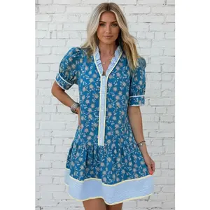 Floral Ruffle Stripe Trim Buttoned Dress