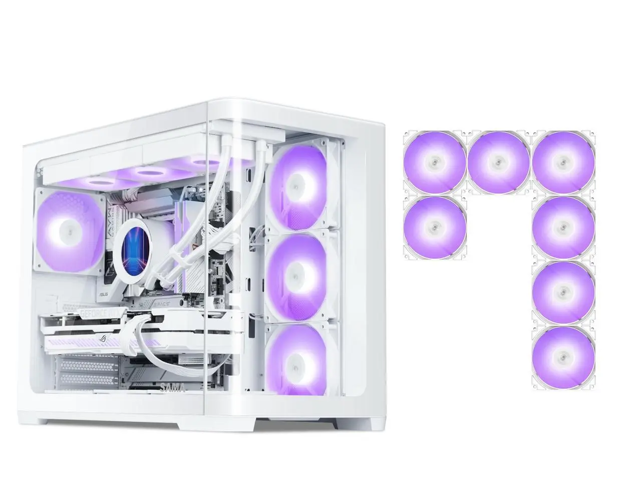 SAMA V60 PC Case, Mid-Tower Computer Case, A Curved Tempered Glass, 7 Pre-Installed ARGB PWM Fans and Fan Hub, USB Type-C, ATX/MATX/ITX Back-Connect Support, 360mm Liquid Cooler Compatible, White