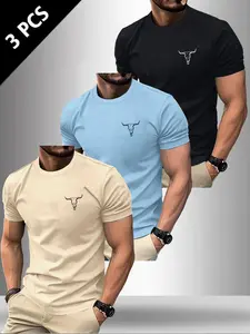 Men's Graphic Bull Short Sleeve Casual T-Shirt Set, Summer Fashion Outdoor Travel Wear, Fitted Long Top Without Zipper, 3 Piece Pack