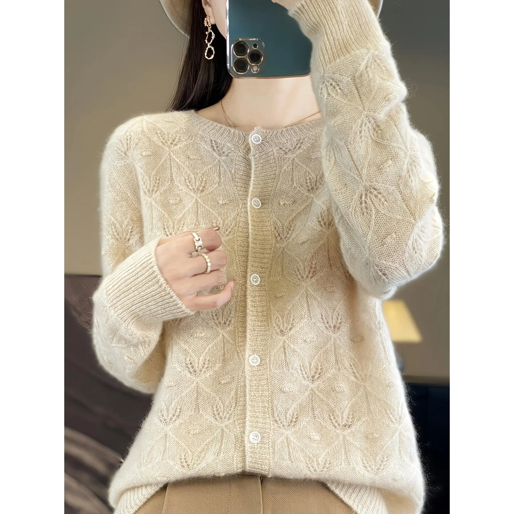 Elegant Mustard Yellow Wool Cardigan for Women - Chic Hollow-Out Knit Sweater with Round Neckline, Long Sleeves, and Button Front - Soft & Skin-Friendly, Ideal for Fall/Winter, Hand or Dry Clean Only