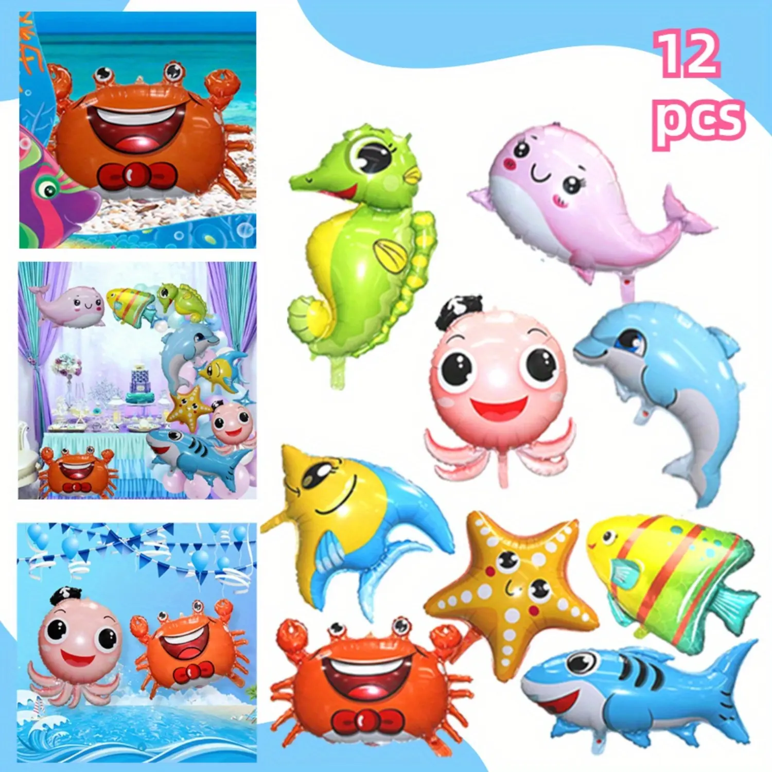 Sea Animal Decoration Kit: Sea Balloons, Octopus Shark Fish Dolphin Hippocampus Crab Scallops Foil Balloons for Baby Shower & Party, Animals Theme Party Decoration
